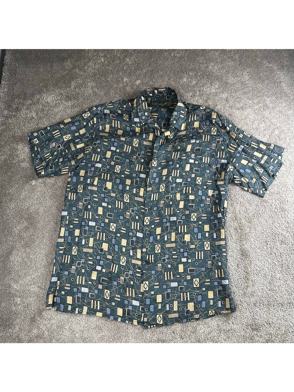 Vtg Silk Icon Size M Green Abstract Geometric 100% Silk Short Sleeve Shirt 90s